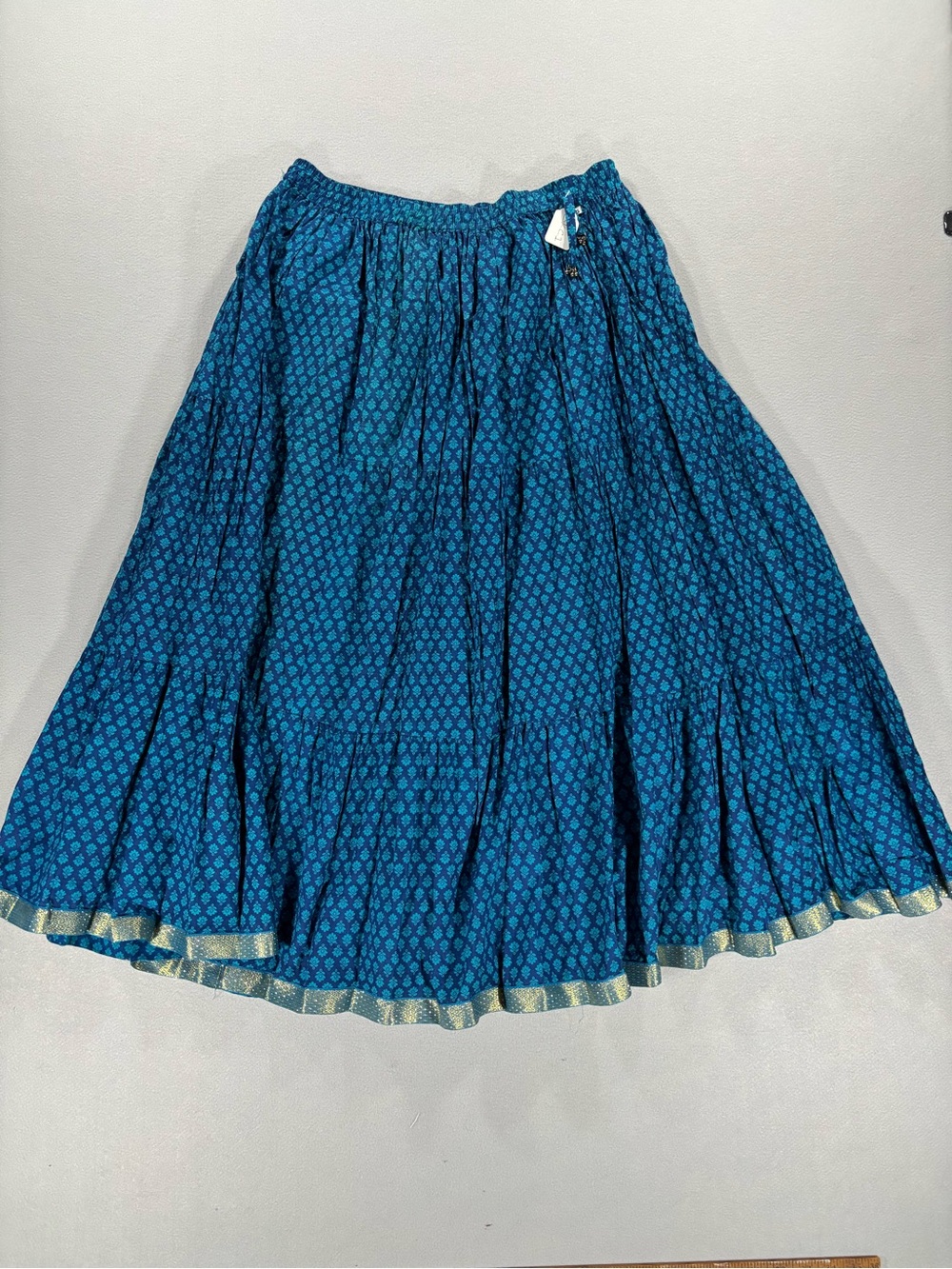 Teal Printed Tiered Maxi Skirt with Metallic Trim L/XL